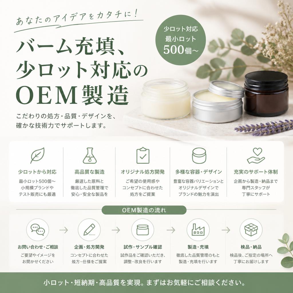あなたのアイデアをカタチに！バーム充填、少ロット対応のOEM製造